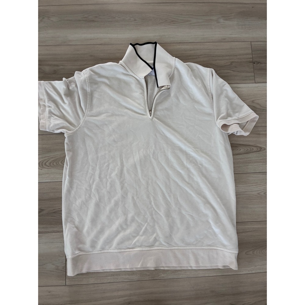 Old Navy Mens XXL Tall Quarter Zip‎ Short Sleeve Sweatshirt Cream Navy Trim